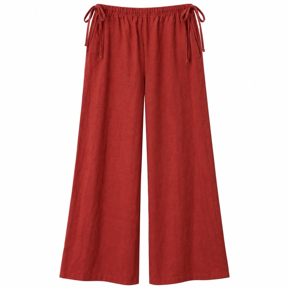 H&M Linen Blend Wide Leg Pull On Pants Rust Red Womens XS Elastic Waist Bohemian